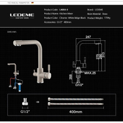 Смеситель для кухни LEDEME L4055B-3 Смеситель для кухни LEDEME L4055B-3